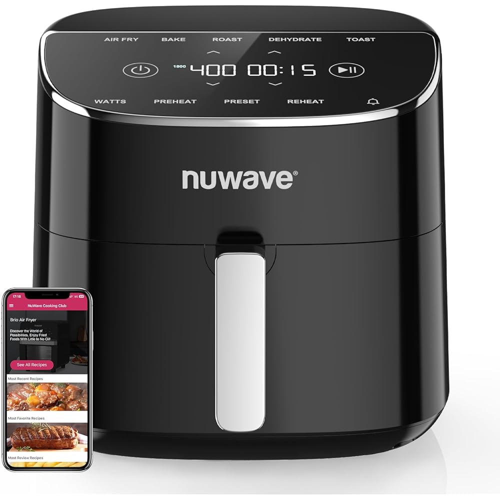Nuwave Brio Plus Air Fryer 8 Qt, New & Improved, PFAS-FREE, 7 Digital One-Touch Cook Functions that AIR FRY, BAKE, ROAST, DEHYDRATE, TOAST, REHEAT, PREHEAT, 150 Presets, 50°F~400°F, 700/1500/1800W : Home & Kitchen