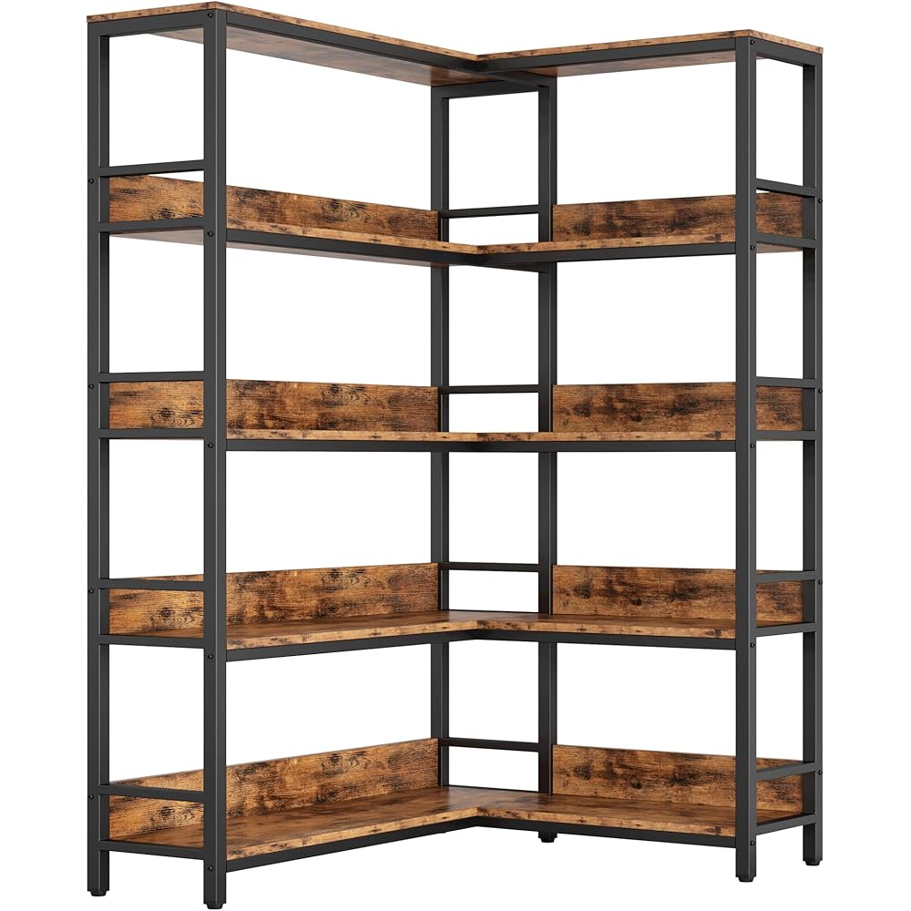 IRONCK Industrial Bookshelves 5 Tiers Corner Bookcases with Baffles Etagere Shelf Storage Rack with Metal Frame for Living Room Home Office : Home & Kitchen