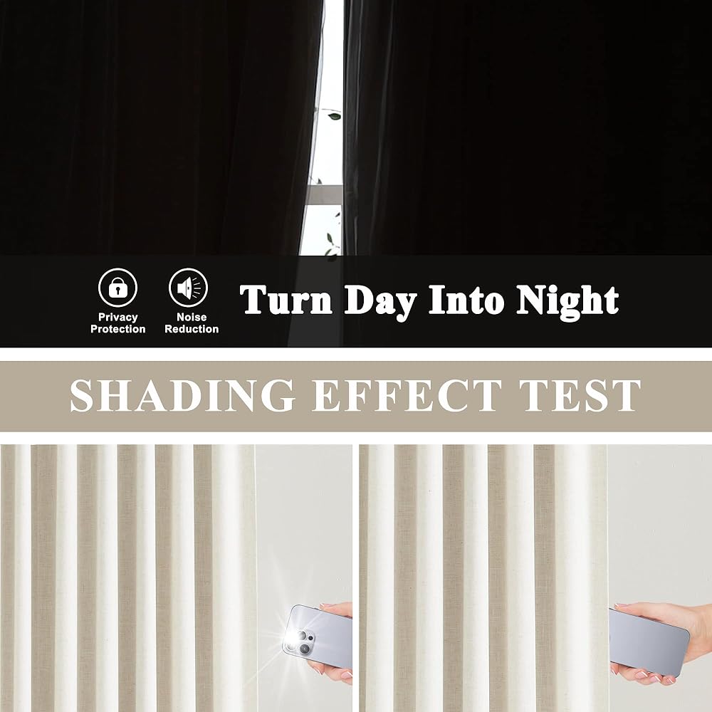 Vision Home Natural Pinch Pleated Full Blackout Curtains Linen Blended Room Darkening Window Curtains 102 inch for Living Room Bedroom Thermal Insulated Pinch Pleat Drapes with Hooks 60