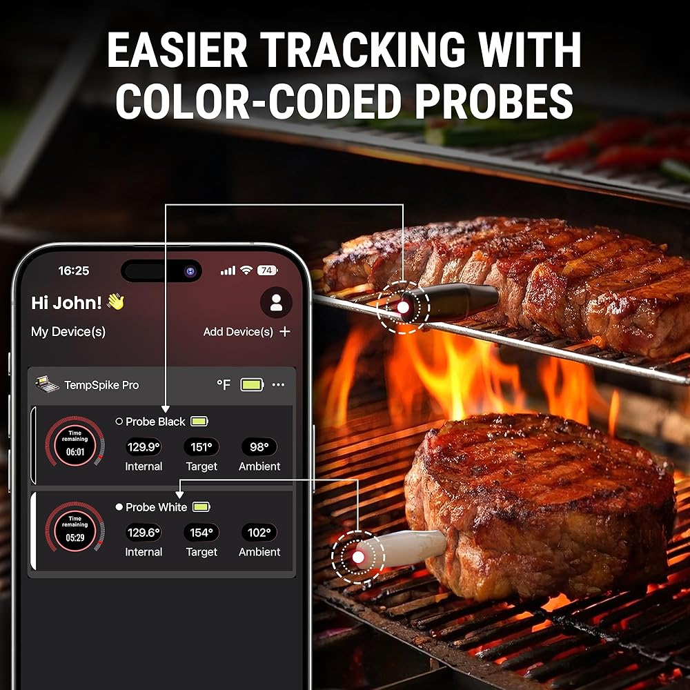 TempSpike Wireless Meat Thermometer Digital with App, WiFi & Bluetooth BBQ Grill Thermometer with High Precision, Waterproof & Heat-Resistant Probes, Rechargeable Base with Display for BBQ Smoker Oven: Home & Kitchen