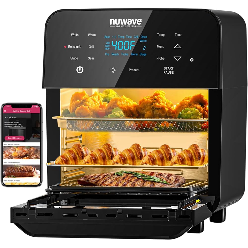 Nuwave Brio 15.5Qt Air Fryer Rotisserie Oven, X-Large Family Size, Powerful 1800W, 4 Rack Positions, 50°-425°F Temp Controls, 100 Presets & 50 Memory, Integrated Smart Thermometer, Linear T Technology : Home & Kitchen