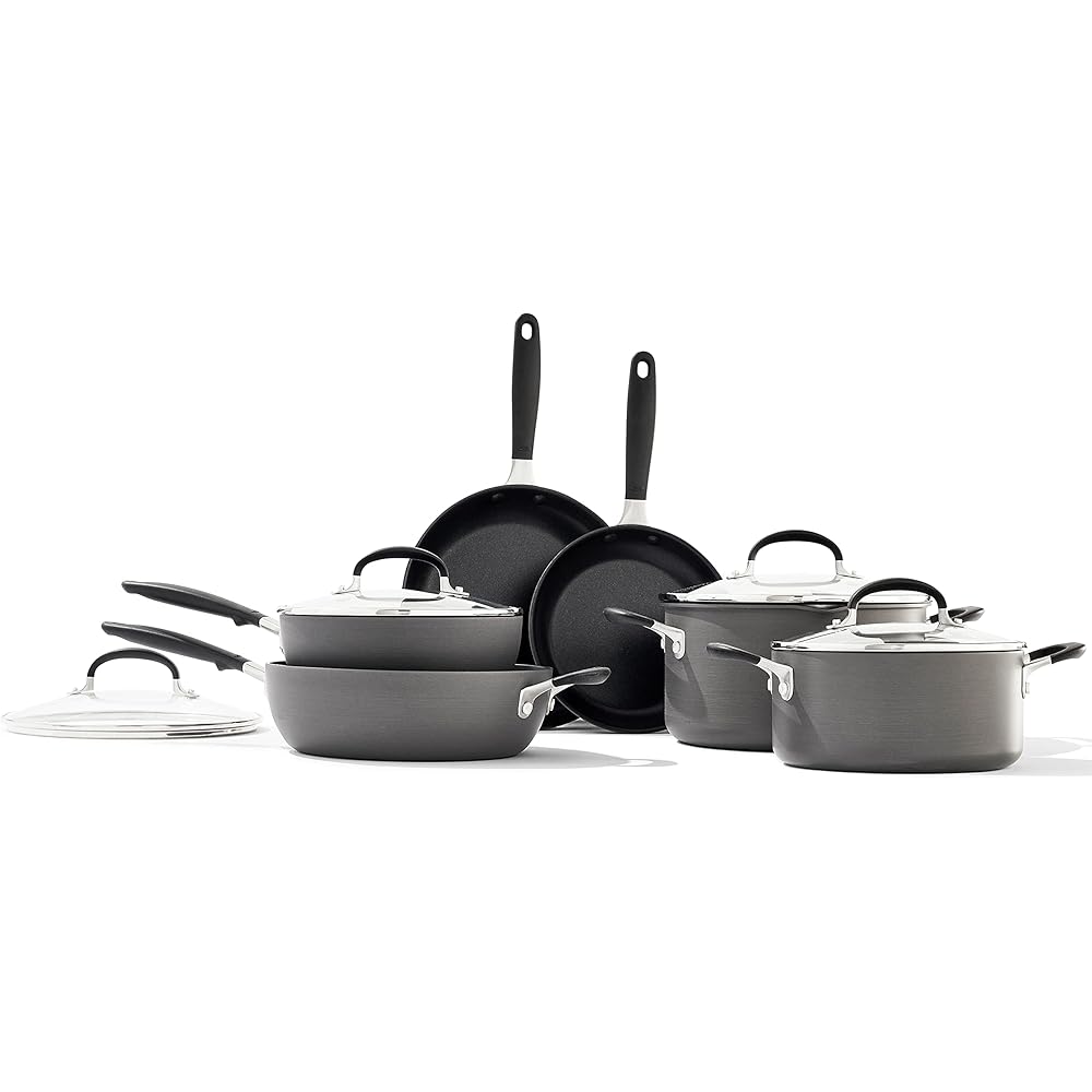 OXO Good Grips 10 Piece Cookware Pots and Pans Set, 3-Layered German Engineered Nonstick Coating, Stainless Steel Handle with Nonslip Silicone, Gray: Home & Kitchen
