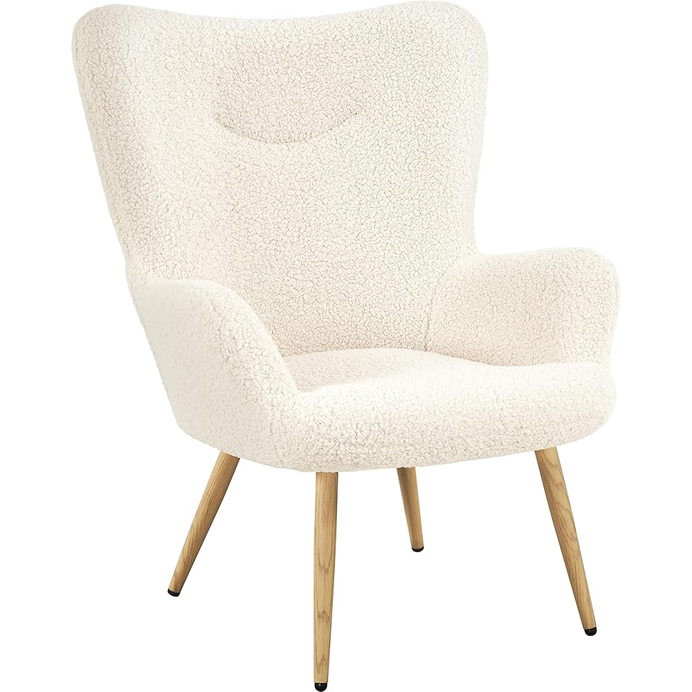Yaheetech Accent Chair, Modern Boucle Vanity Chair with High Back and Wood-Tone Metal Legs, Sherpa Chair for Living Room, Home Office, Ivory : Home & Kitchen