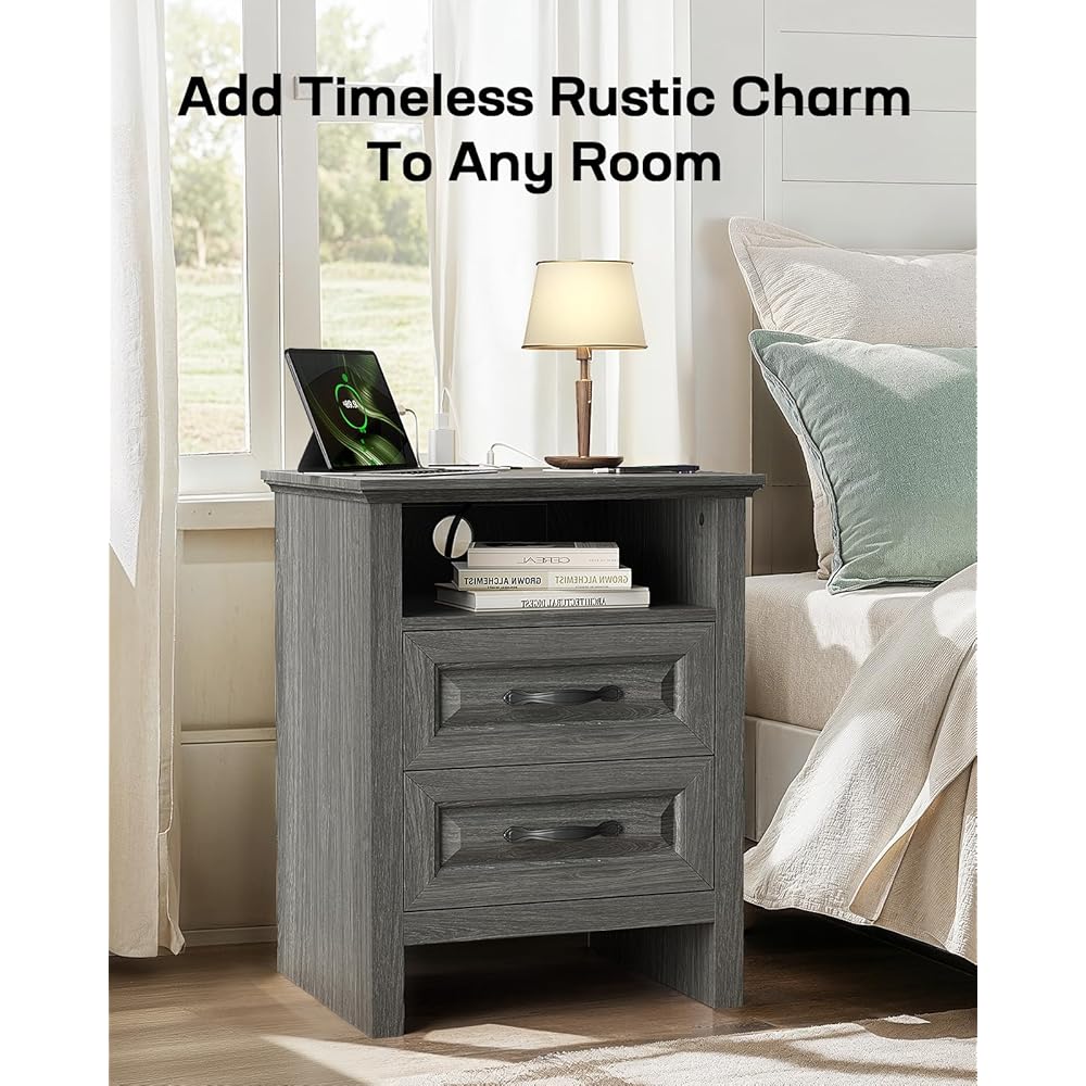 Marsail Farmhouse Nightstand with Charging Station, Bedside Table with 2 Drawers Storage and Open Shelf, Bedside Cabinet for Bedroom, Rustic Side Table, Gray