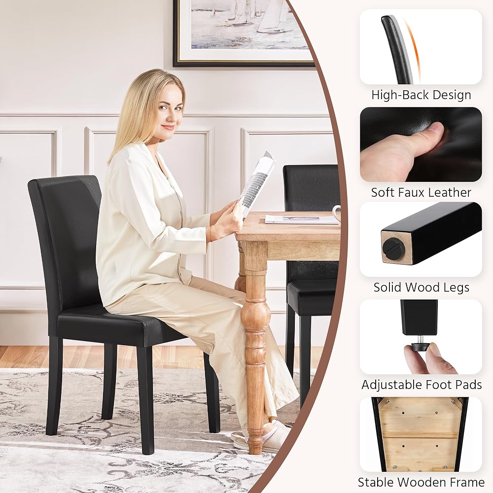 - Yaheetech Dining Chairs Set of 4 PU Leather Upholstered Parsons Dining Chairs with Solid Wood Legs for Kitchen/Living Room/Restaurant, Modern Style, Black - Chairs