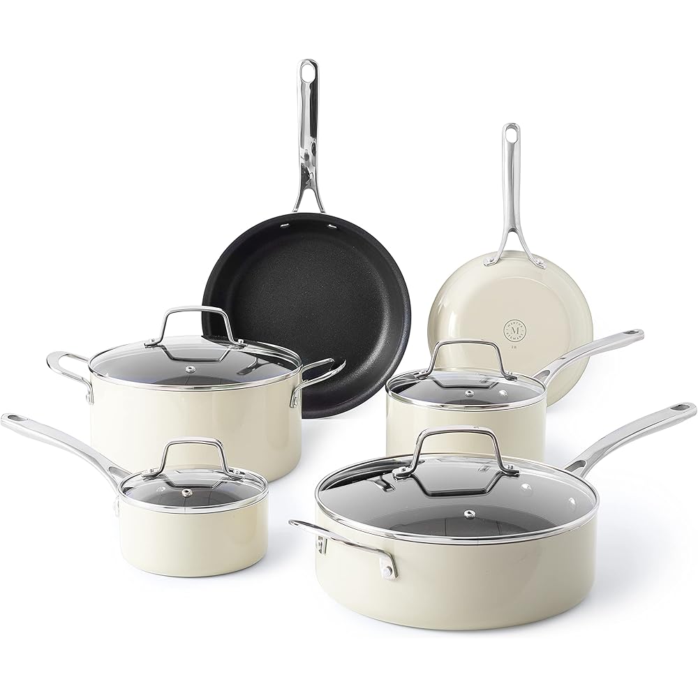 Martha Stewart Lockton Premium Nonstick 10 Piece Enamel Heavy Gauge Aluminum Pots and Pans Cookware Set - Linen White: Home & Kitchen