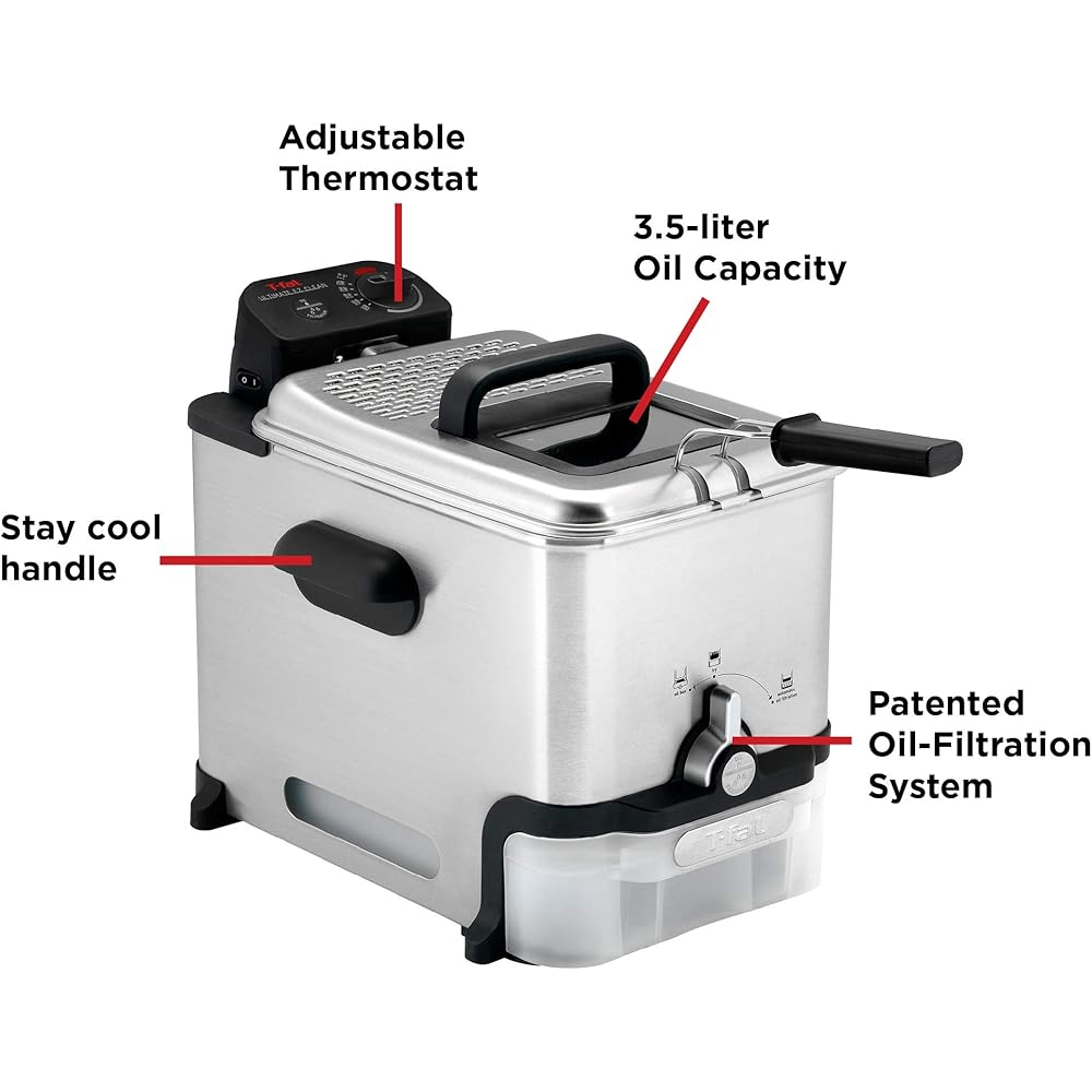 T-Fal 3.5L Stainless Steel Deep Fryer with Basket, 1700W Electric Deep Fryer with Basket and Lid, Oil Filtration, Temp Control, Digital Timer, Dishwasher Safe Parts: Home & Kitchen