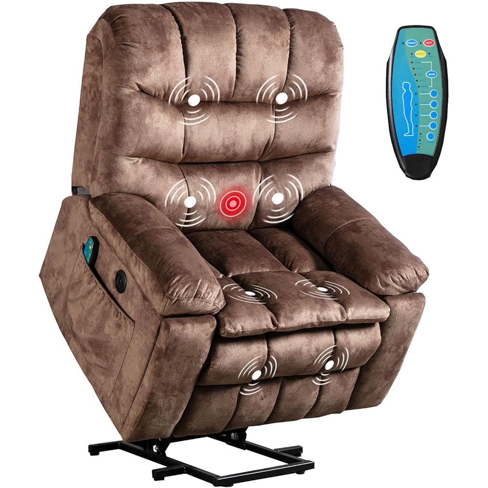 Phoenix Home Large Power Lift Recliner with Massage and Heat for Elderly, Heavy Duty & Safety Motion Reclining Mechanism, Ergonomic Electric Wider Chair with USB Port, 2 Hidden Cup Holders, Brown2