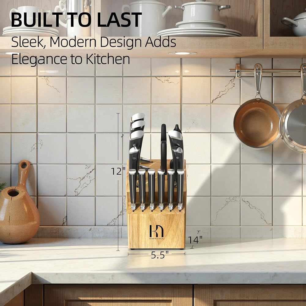 KnifeSaga Knife Set with Block Premium, Japanese 15 Piece Ultra Sharp High Carbon Stainless Steel Kitchen Knives set with Sharpener, Professional Knife Block Set with Ergonomic Handle for Home Chefs: Home & Kitchen