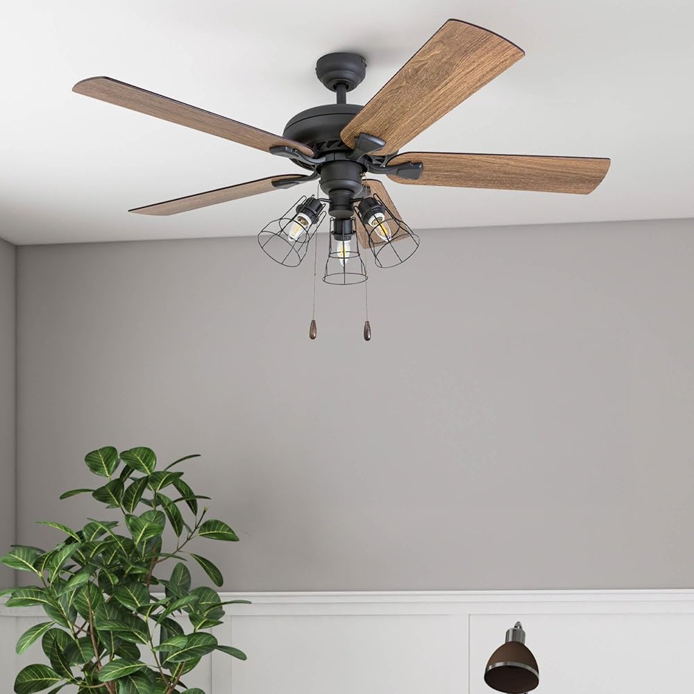 Prominence Home Lincoln Woods, 52 Inch Industrial Style LED Ceiling Fan with Light, Pull Chain, Three Mounting Options, 5 Dual Finish Blades, Reversible Motor - 50581-01 (Bronze) -