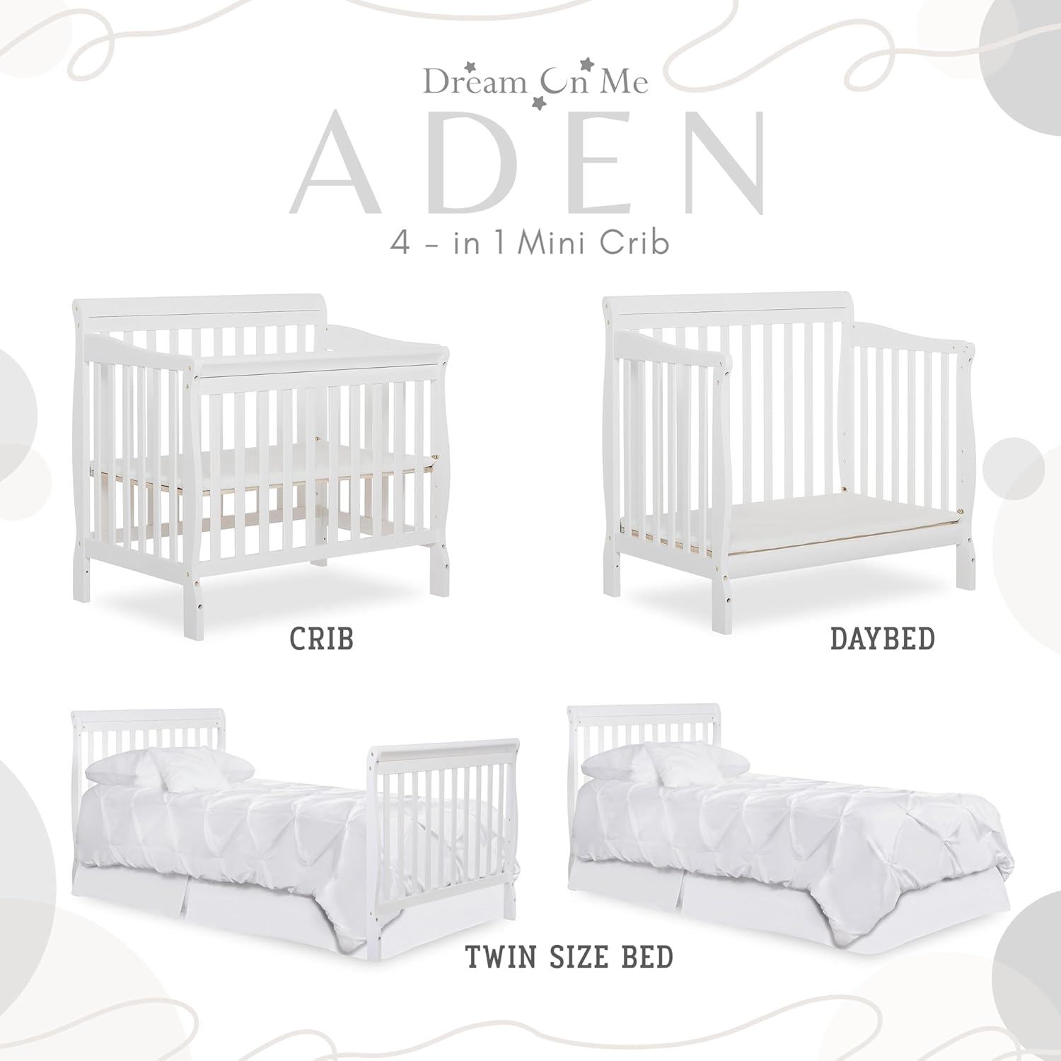 : Dream On Me Aden 4-in-1 Convertible Mini Baby Crib in White, GreenGuard Gold & JPMA, Sustainable Pinewood, Non-Toxic Finish, 3-Levels, Converts to Mini Day & Twin-Size Bed (Rail Sold Separately) : Baby