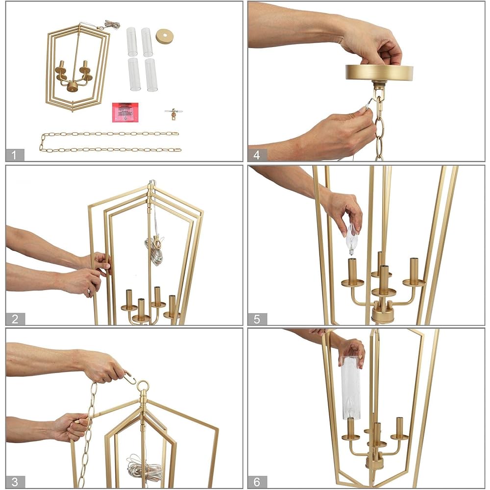 Gold Dining Room Chandelier with 4-Light Lantern Pendant Lights, Adjustable Height Modern Foyer Chandelier with Seeded Glass Shades -