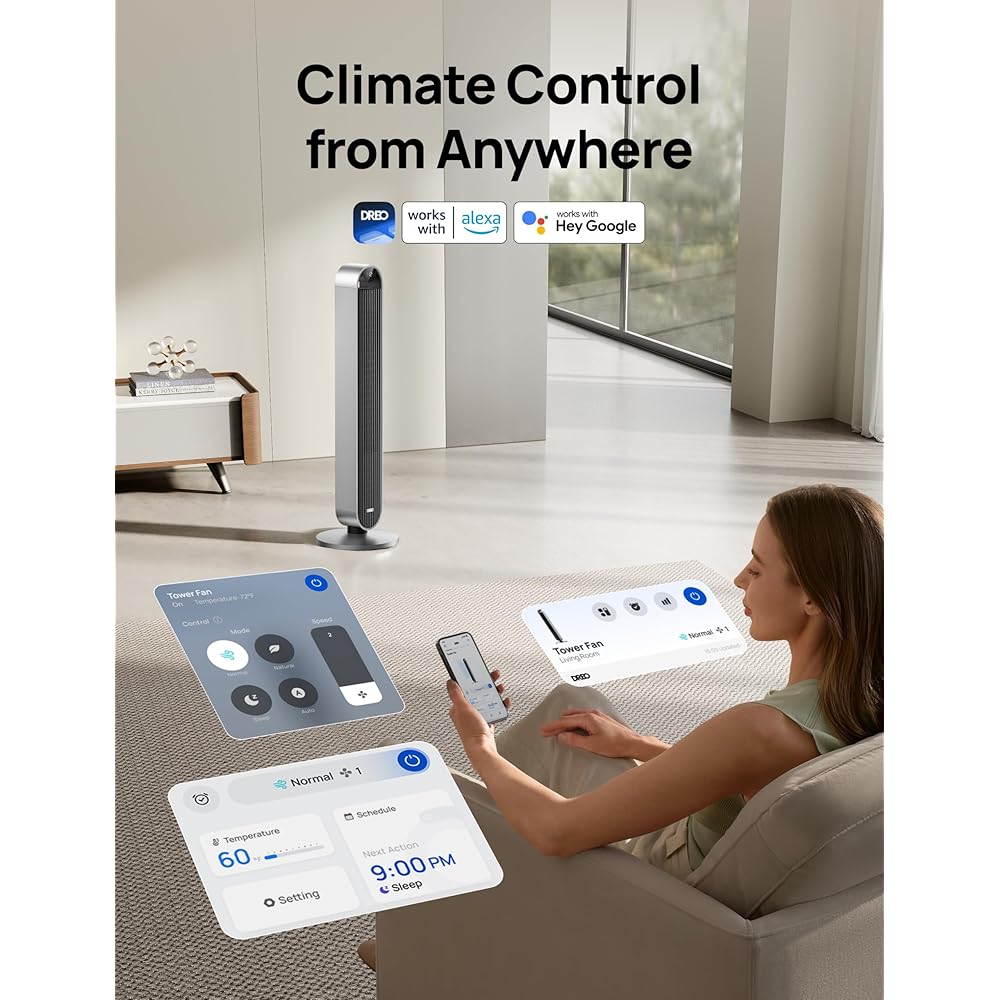 Dreo Tower Fan for Bedroom, 42 Inch 120° Oscillating Fan, 25dB Quiet DC Motor, 28ft/s Velocity Bladeless Standing Fan with 12 Speeds, 4 Modes, 12H Timer Cooling Fans for Home, Living Room, Pilot Max S : Home & Kitchen