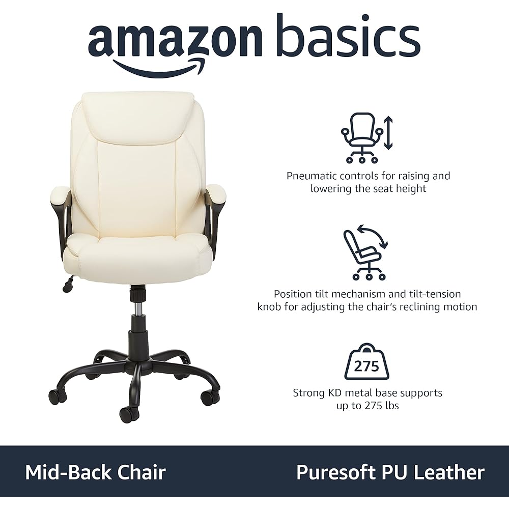 Amazon Basics Classic Puresoft PU Padded Mid-Back Height Adjustable Office Computer Desk Chair with Armrest, 26