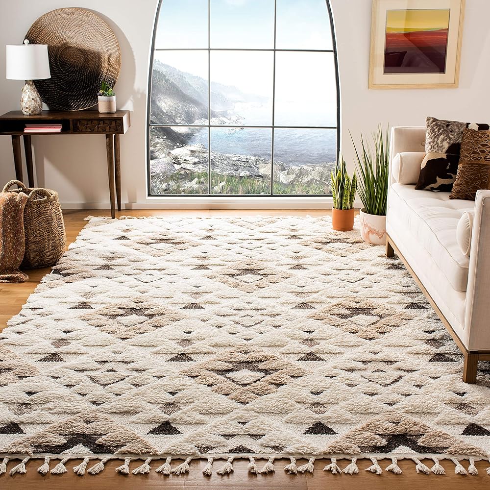 SAFAVIEH Area Rug 8x10 - Moroccan Tassel Shag Collection - Large - Ivory & Brown, Boho Design, Non-Shedding & Easy Cleaning, Plush Pile, Ideal for Living Room, Bedroom, Dining Space (MTS688A) : Home & Kitchen