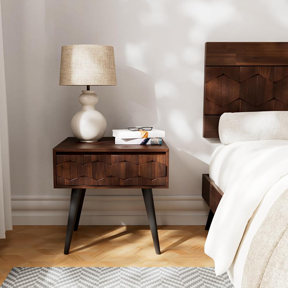 Bme Georgina Solid Wood Nightstands with Drawers - Fully Assembled Rustic Geometric Pattern Bedside Cabinet - Mid Century Modern Side Table for Living Room, Bedroom