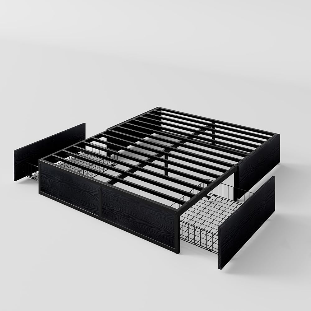 SHA CERLIN Queen Platform Bed Frame with 2 Large Storage Drawers, Rustic Wood and Metal, Noise-Free, Easy Assembly, No Box Spring Needed, Black : Home & Kitchen