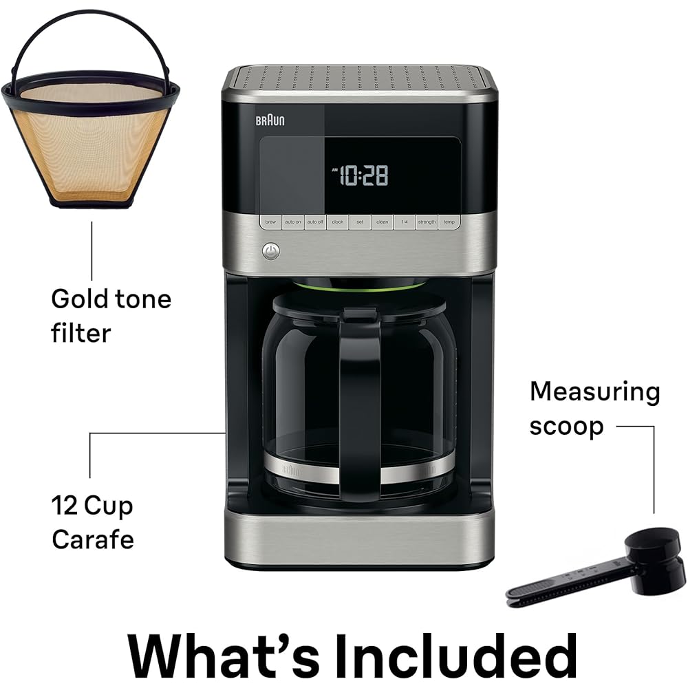Braun BrewSense 12 Cup Drip Coffee Maker - Pause & Pour Mid Brew, Coffee Machine with 24-Hour Timer & Clock, Bold & Regular Strength, 1-4 Cup Functions, Self Clean, Auto Shutoff, Stainless Steel: Home & Kitchen