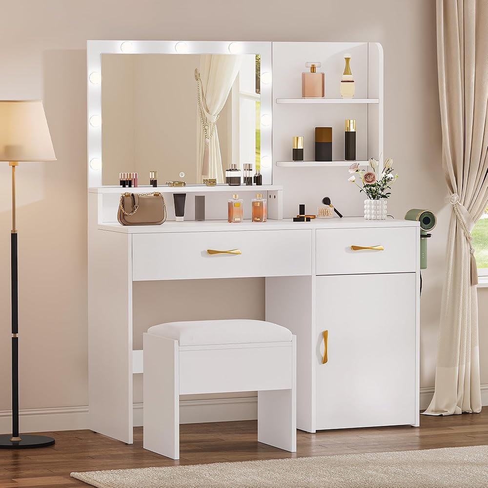 YITAHOME Vanity Desk with Mirror, Makeup Vanity Set with Power Strip, 9 Dimmable Bulbs, Drawers, Cabinet, Shelves, and Stool, 3-Color Adjustable Lighting, Elegant Vanity for Dressing Room, White : Home & Kitchen