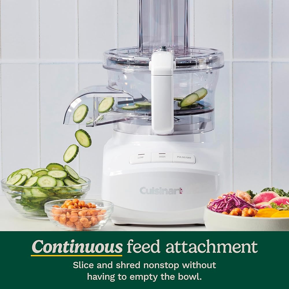 Cuisinart 9-Cup Continuous Feed Food Processor with Fine and Medium Reversible Shredding and Slicing Disc, Universal Blade, Continuous-Feed Attachment, and In-Bowl Storage (White): Home & Kitchen