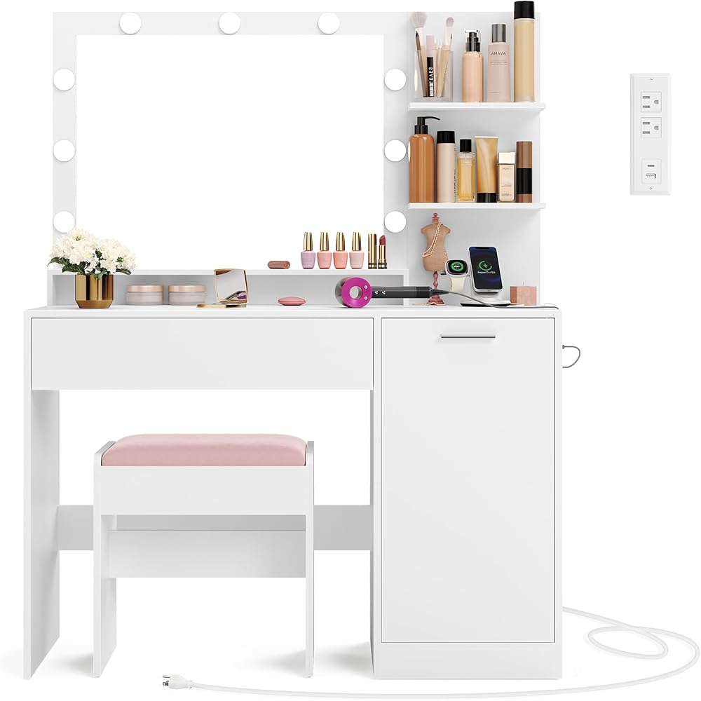 VASAGLE Vanity Desk with Mirror and Lights, 43.3-Inch Wide Makeup Vanity with Upholstered Vanity Stool, Power Outlets, Dimmable LED Lights, Storage Drawer, for Bedroom, Cloud White URDT628W01