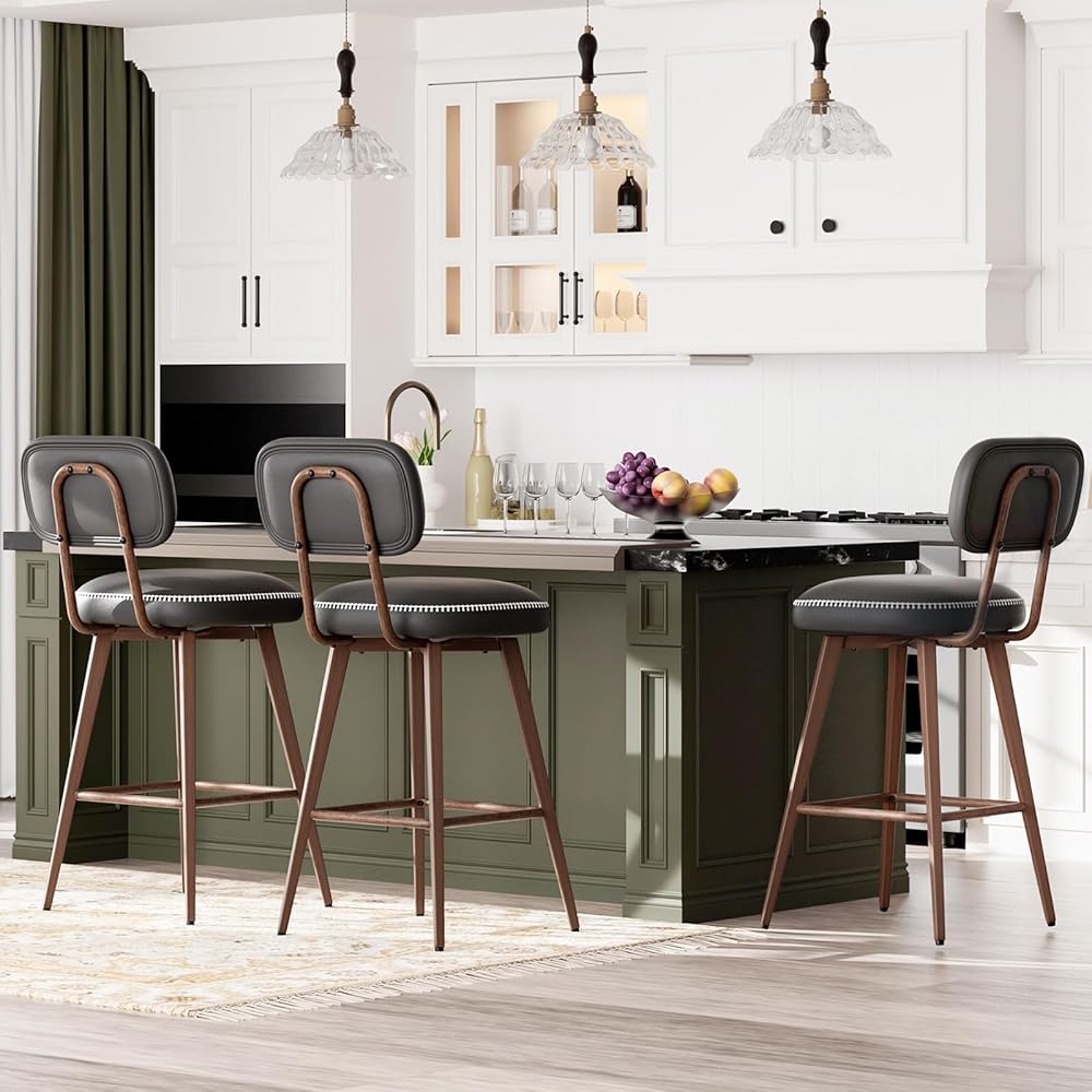 MALOL Swivel Bar Stools Set of 3, Mid Century PU Leather Counter Height Bar Chairs with Low Back and Metal Legs, Modern Bar Stool Chair for Kitchen Island, Black : Home & Kitchen