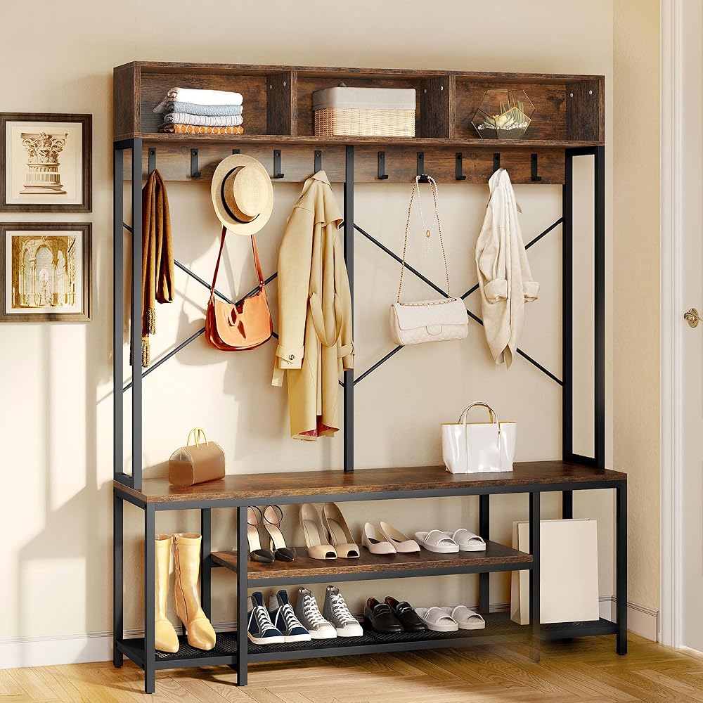 YITAHOME Entryway Bench with Coat Rack, 5-in-1 Hall Tree with Shoes Storage, Industrial Freestanding Coat Rack Shoe Bench with Storage Shelves, 10 Hooks for Hallway, Bedroom, Rustic Brown : Home & Kitchen