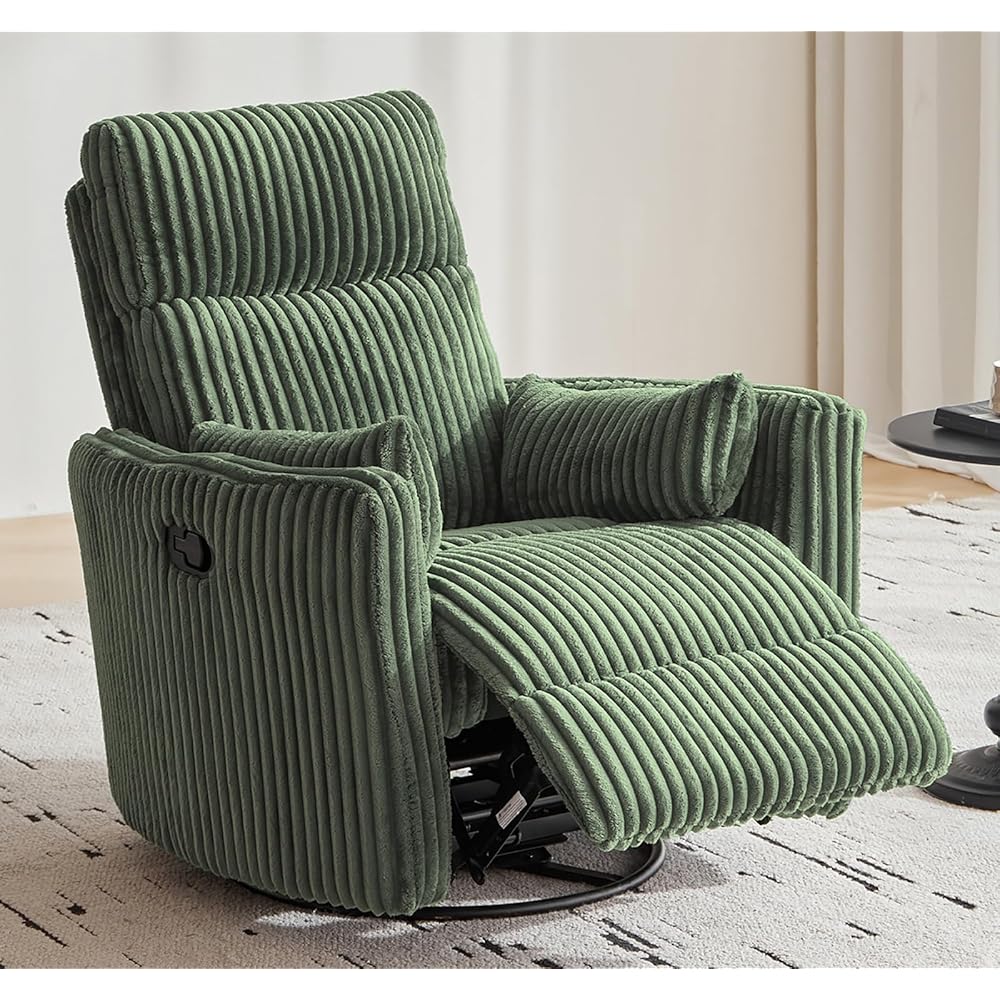 LINSY 360 Swivel Recliner Chair - Corduroy Nursery Glider Rocking Chair with 2 Pillows, Comfy High Back Adult Recliner for Small Spaces, Nursery Bedroom Living Room Reclining (Green) : Patio, Lawn & Garden
