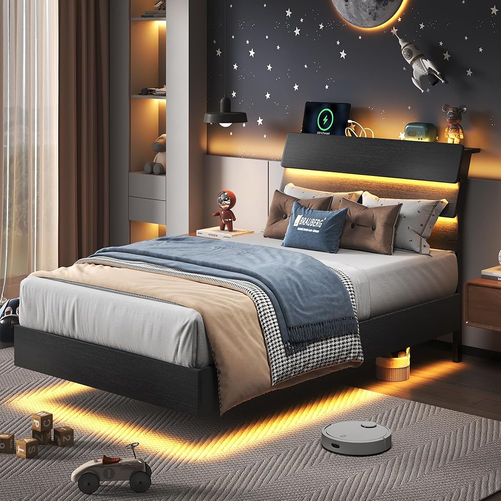 Feonase Twin Floating Bed Frame with Led Lights and Charging Station, Wood Twin Size Bed Frame with Storage Headboard, Heavy Duty Metal Slats, No Box Spring Needed, Easy Assembly, Black : Home & Kitchen