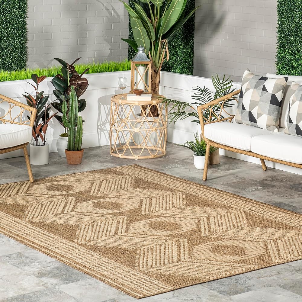 nuLOOM 8' x 10' Outdoor Tribal Geometric Area Rug, Stain Resistant, Weather Resistant, High Traffic, Patio, Balcony, Outside, Ranya Light Brown : Home & Kitchen