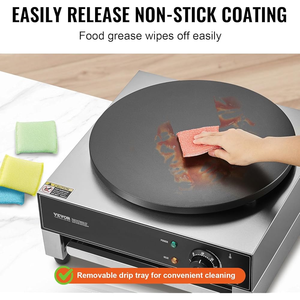 VEVOR Electric Crepe Maker, 16-Inch Commercial Crepe Machine, 1700W Flat Plate Crepe Griddle, Nonstick Stainless Steel Pancake Making Machine, Desktop Circular Cereals Pancake Stove with Temp Control: Home & Kitchen