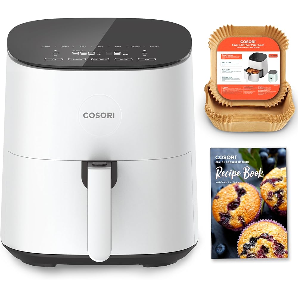COSORI Air Fryer Pro LE 5-Qt Airfryer, With 20PCS paper liners, 10 Functions that Dry, Bake, Roast &Preheat, Shake Reminder, Up to 450℉, 85% Oil less, Compact, 130+ Recipes, Dishwasher Safe, White : Home & Kitchen