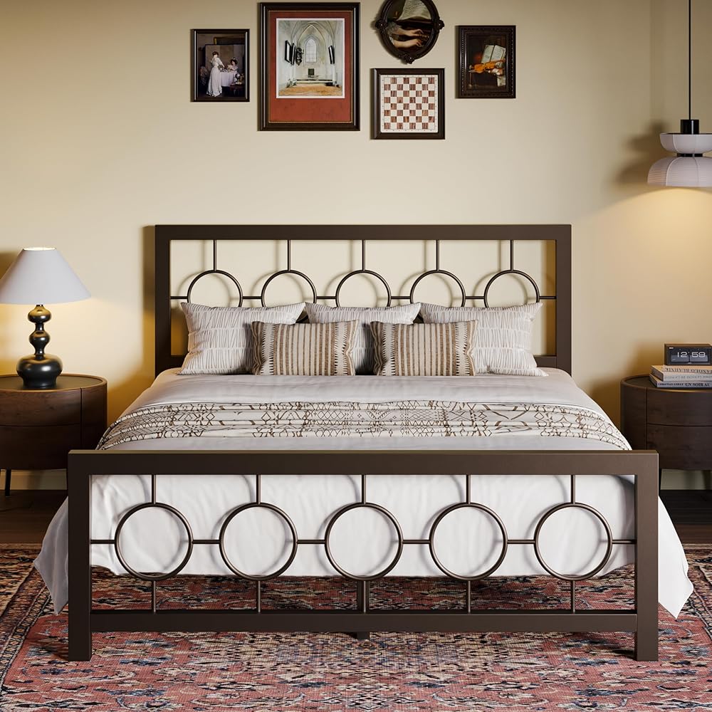 SHA CERLIN Queen Size Metal Bed Frame with Vintage Circular Design Headboard and Footboard,No Box Spring Required,Easy Assembly,Noise-Free,Brown : Home & Kitchen