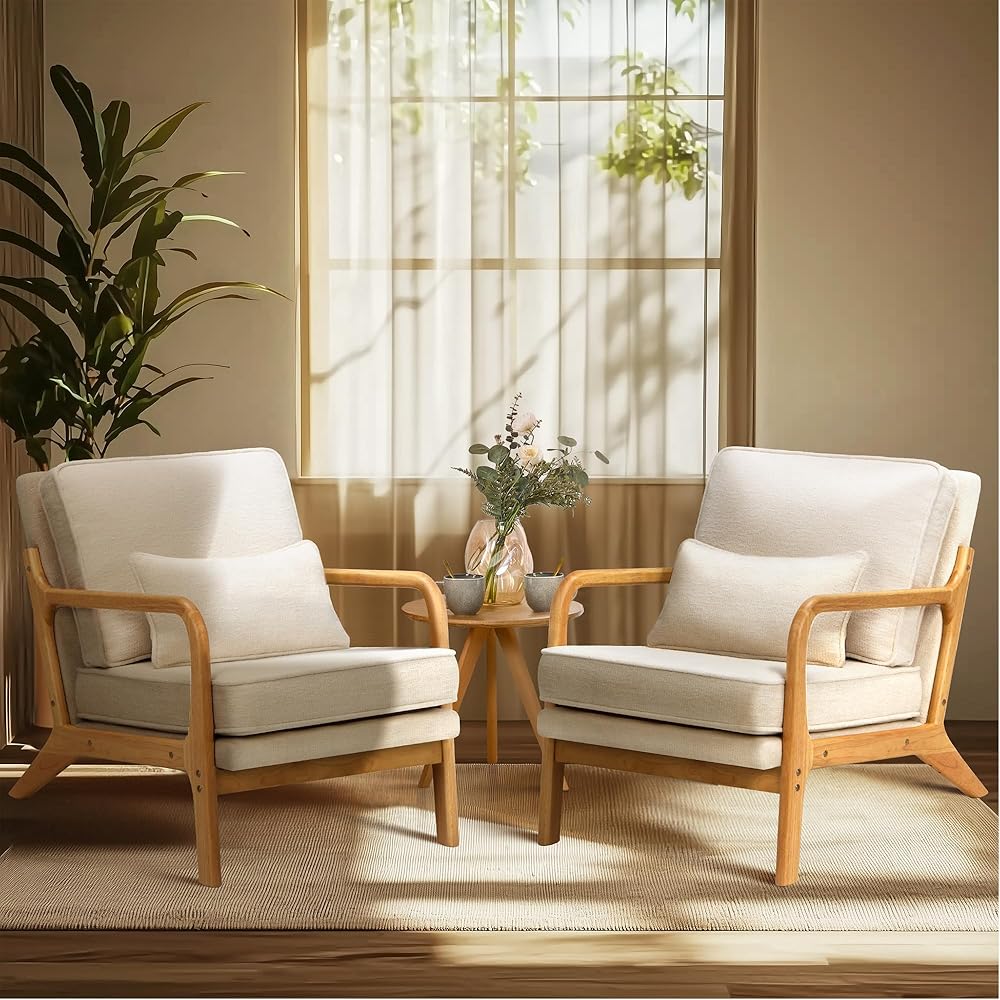 COLAMY Mid Century Modern Accent Chair Set of 2 with Lumbar Pillow, Relaxing Armchair with Solid Wood Frame & Soft Cushion, Reading Leisure Chair for Living Room锛圔eige锛?: Home & Kitchen