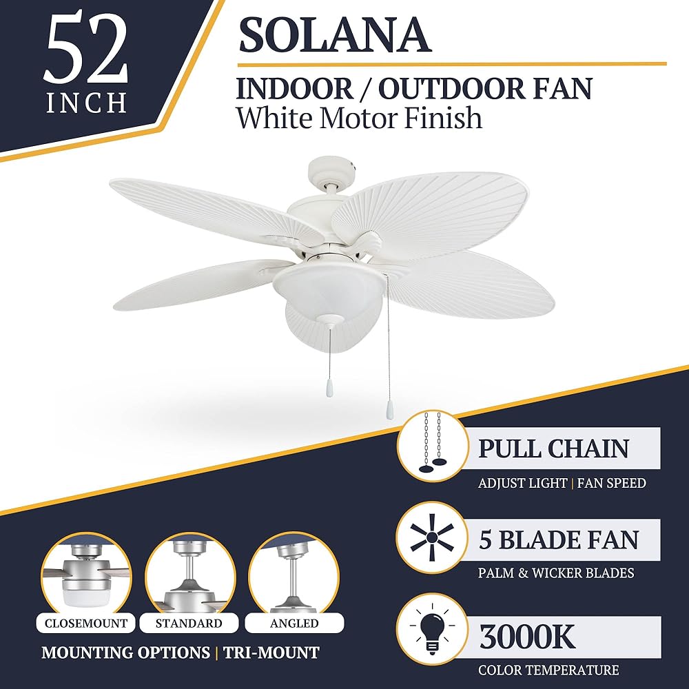 Prominence Home Solana, 52 Inch Tropical Indoor Outdoor Ceiling Fan with Light, Pull Chain, Three Mounting Options, Weather Resistant Palm Leaf Blades - 80018-01 (White) -