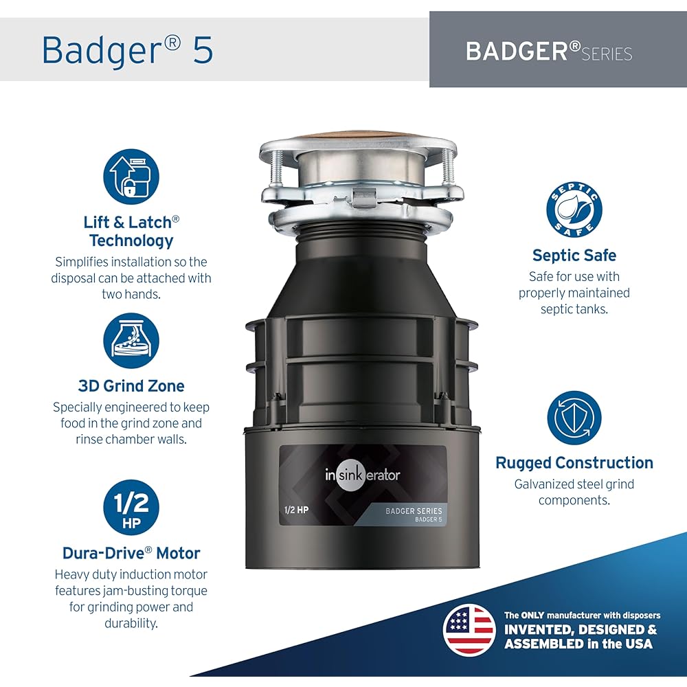 InSinkErator Badger 5 Garbage Disposal, Standard Series 1/2 HP Continuous Feed Food Waste Disposer, Black, Set of 1 - Garbage Disposal -