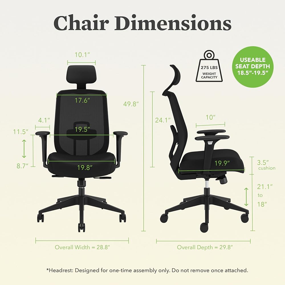 HON Altern Ergonomic Office Chair with Headrest, Arms, Wheels, Foam Cushion Seat, Mid Back Home Office Desk Chair Comfy, Height Adjustable Arms, Synchro-Tilt, Seat-Slide, Black : Home & Kitchen