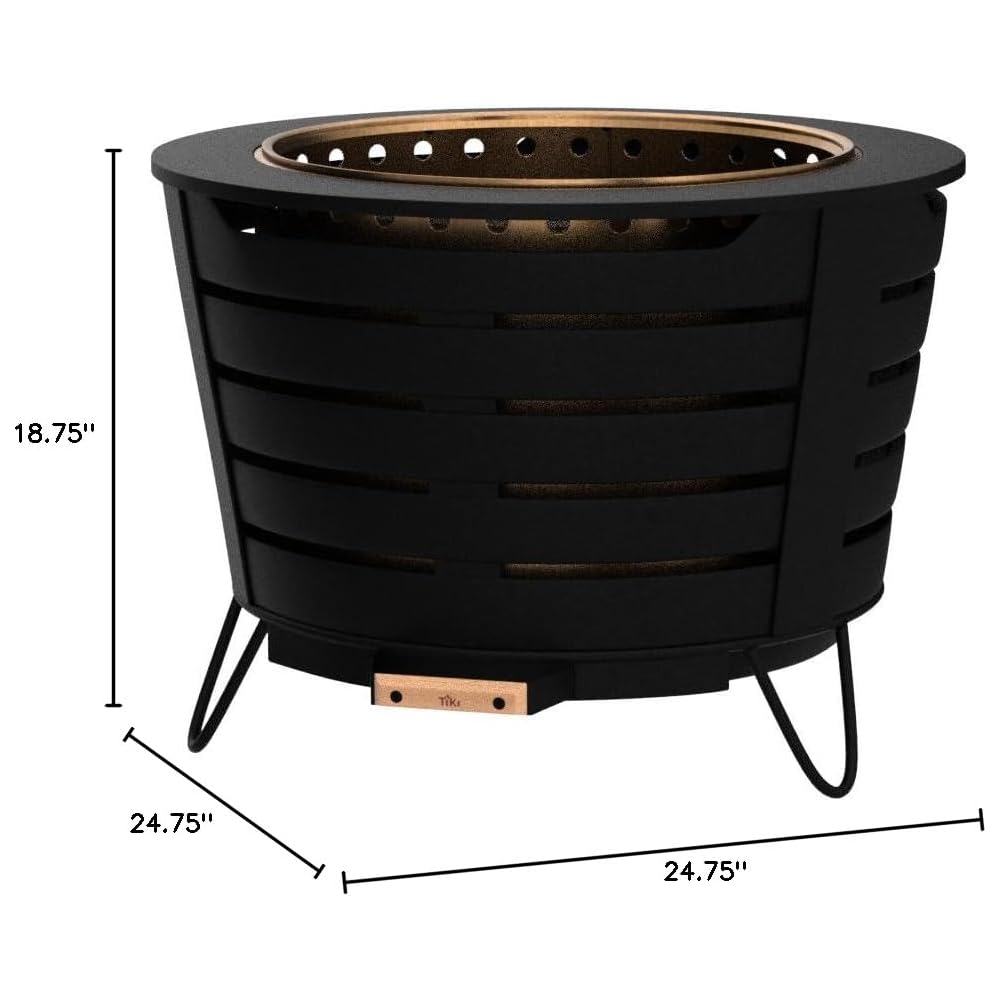TIKI 25-Inch Smokeless Patio Fire Pit, Wood Burning with Removable Ash Pan & Weather-Resistant Cover, Modern Black Design – Ideal Outdoor Smokeless Fire Pit for Backyard & Patio