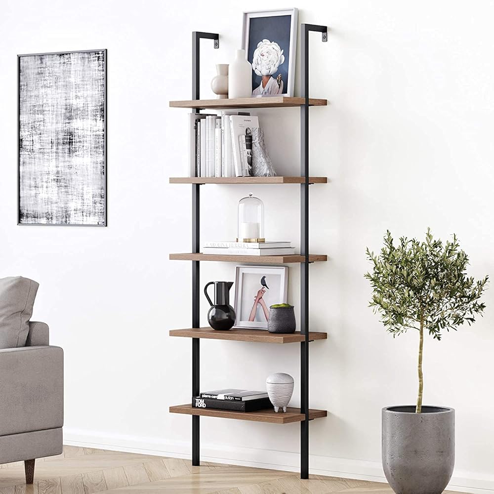 Nathan James Theo 5-Shelf Oak Wood Modern Bookcase, Open Wall Mount Ladder Bookshelf with Industrial Black Metal Frame : Home & Kitchen