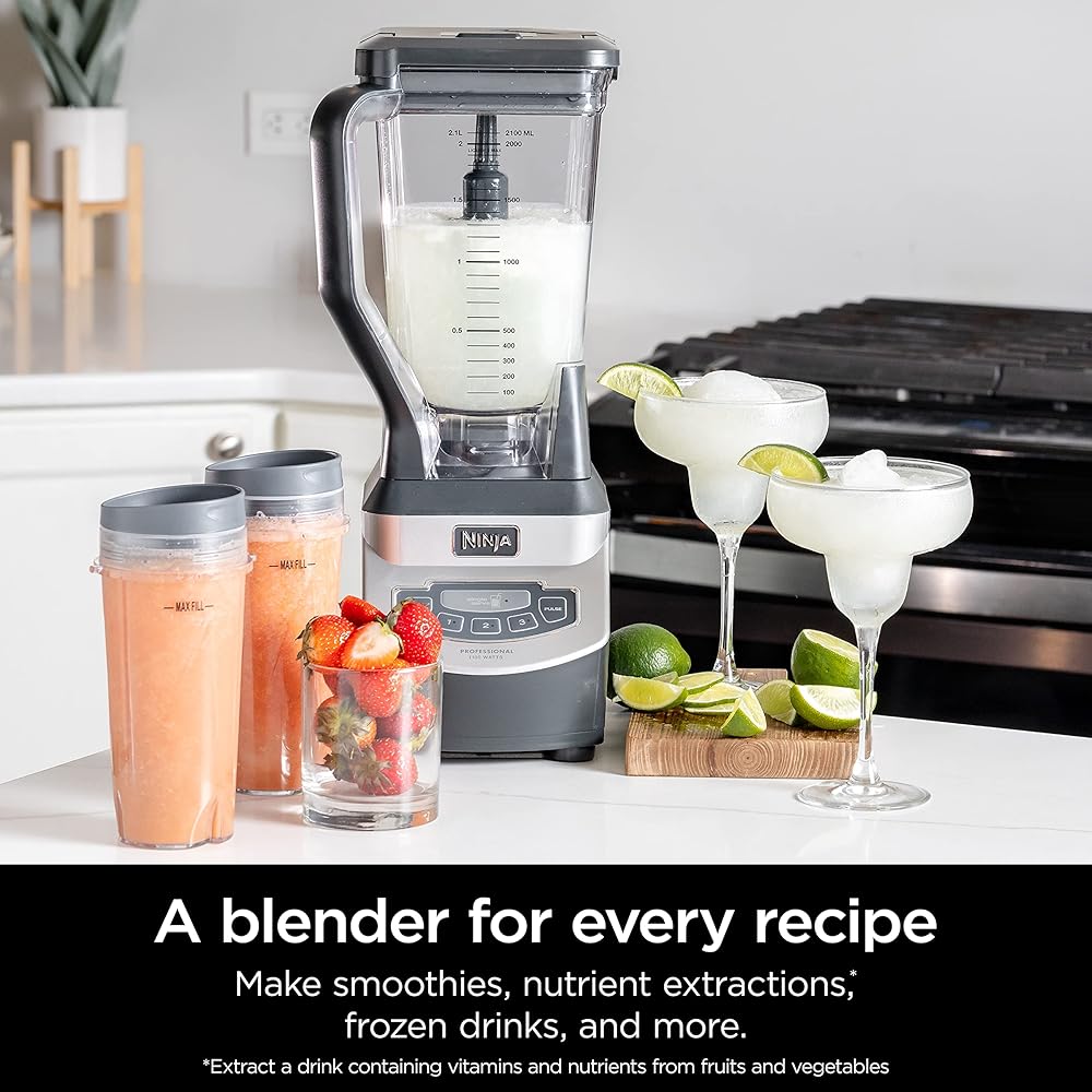 Ninja BL660 Professional Compact Smoothie & Food Processing Blender, 1100-Watts, 3 Functions -for Frozen Drinks, Smoothies, Sauces, & More, 72-oz.* Pitcher, (2) 16-oz. To-Go Cups & Spout Lids, Gray: Electric Countertop Blenders: Home &