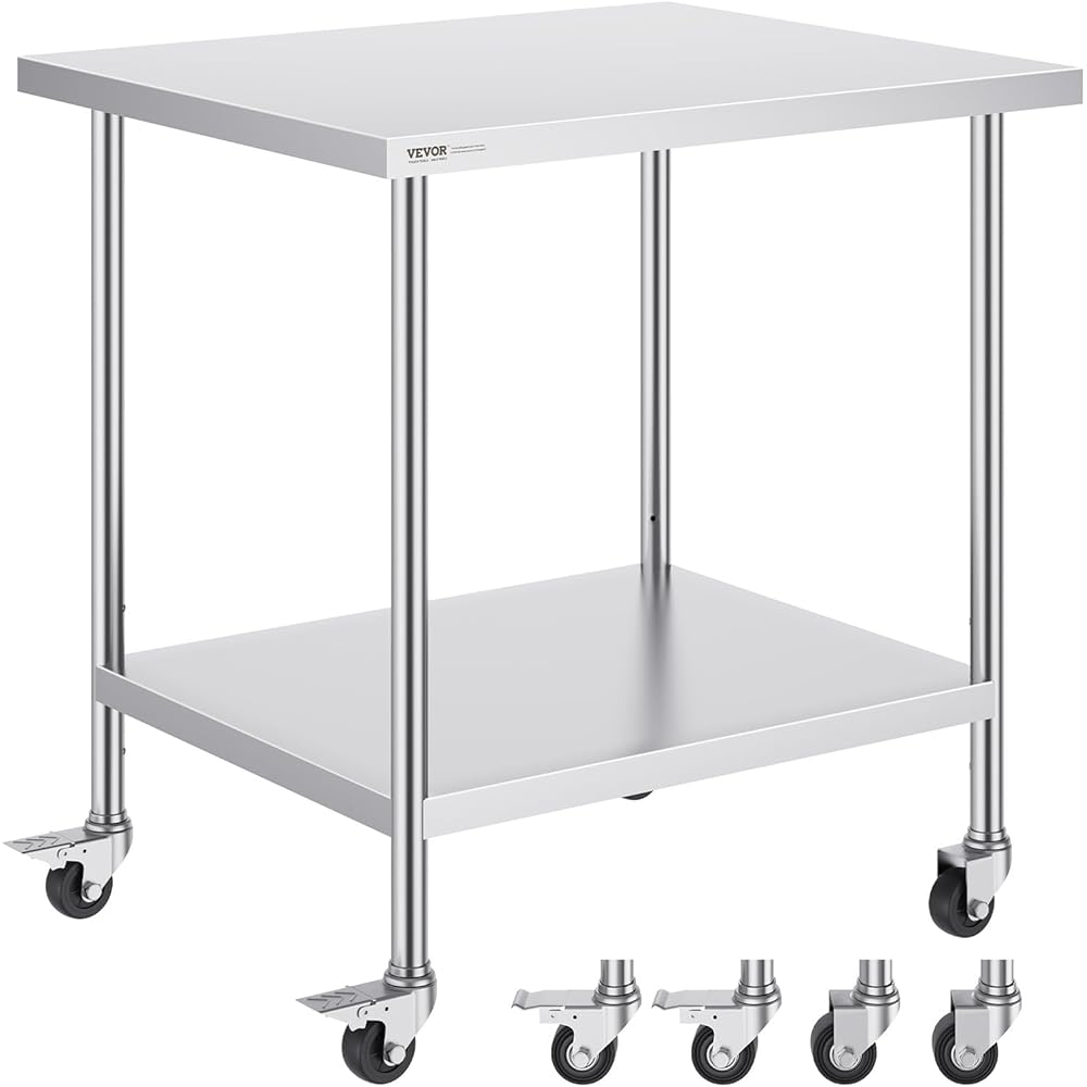 VEVOR Stainless Steel Work Table 30 x 36 x 38 Inch, with 4 Wheels, 3 Adjustable Height Levels, Heavy Duty Food Prep Worktable for Commercial Kitchen Restaurant, Silver : Industrial & Scientific