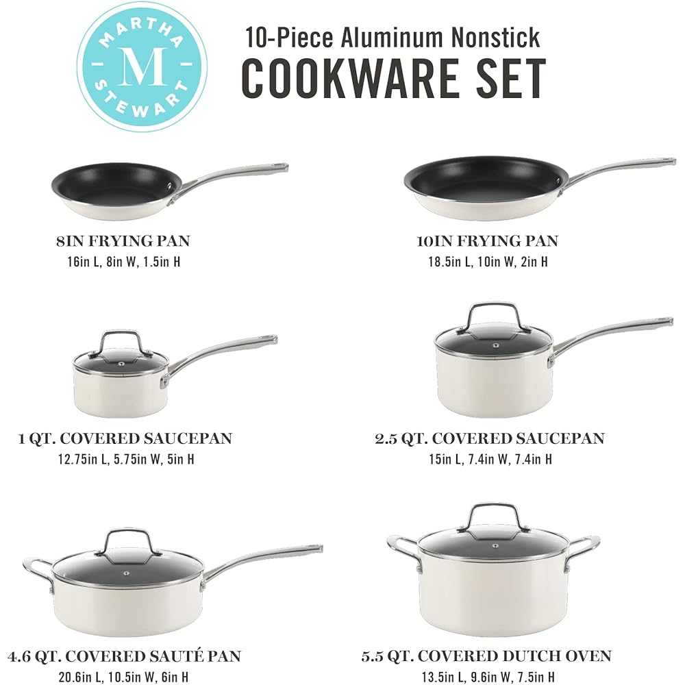 Martha Stewart Lockton Premium Nonstick 10 Piece Enamel Heavy Gauge Aluminum Pots and Pans Cookware Set - Linen White: Home & Kitchen