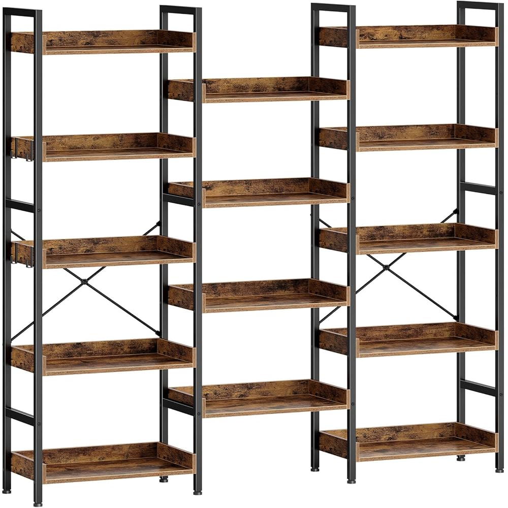 Rolanstar Bookshelf 5 Tiers, Triple Bookcase with Open Display Shelves, Industrial Wide Bookshelf with Metal Frame for Living Room, Office, Rustic Brown : Home & Kitchen
