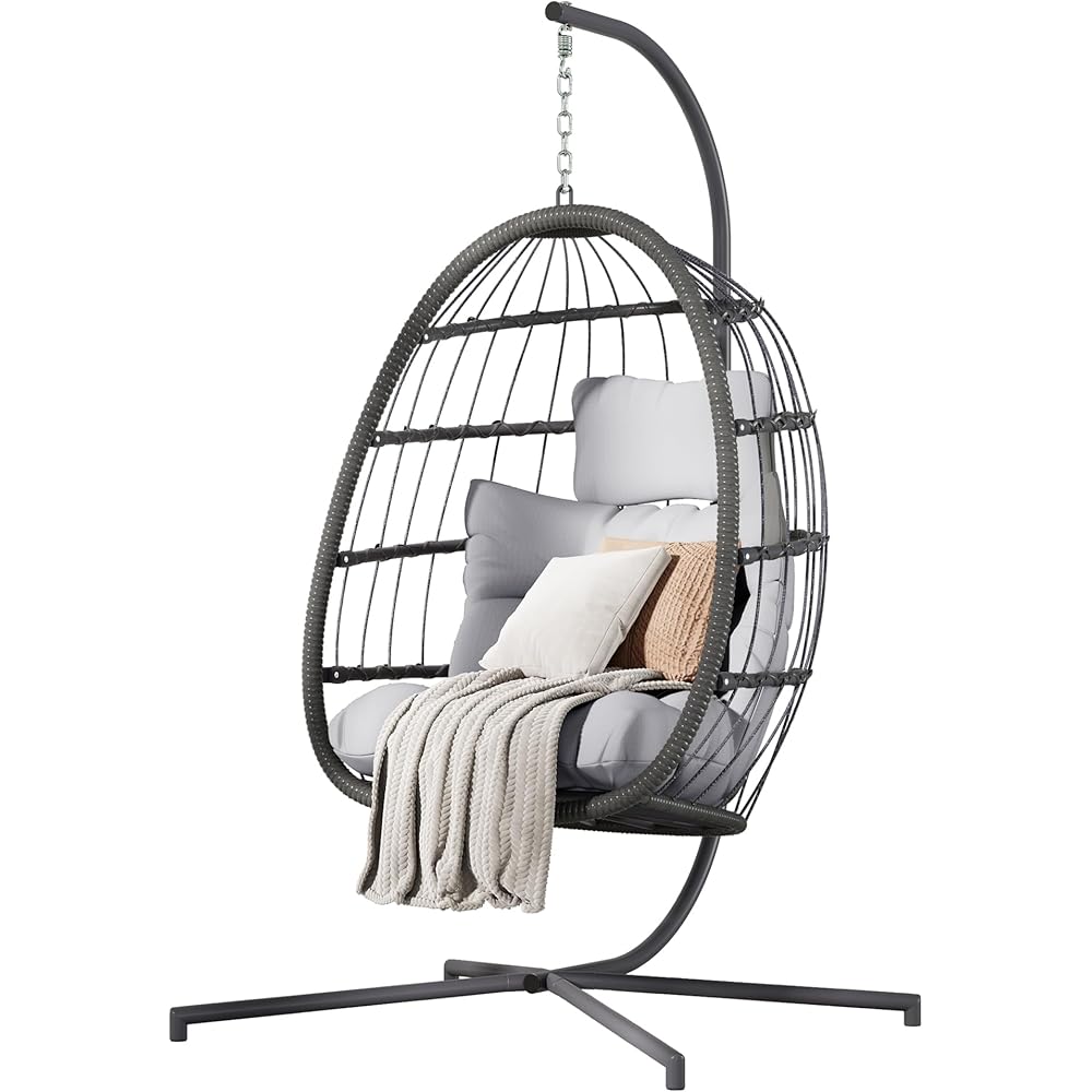 HWB Hanging Egg Chair with Stand, Patio Wicker Hammock Egg Swing Chair with Cushion for Bedroom Garden Indoor Outdoor (Grey) : Patio, Lawn & Garden