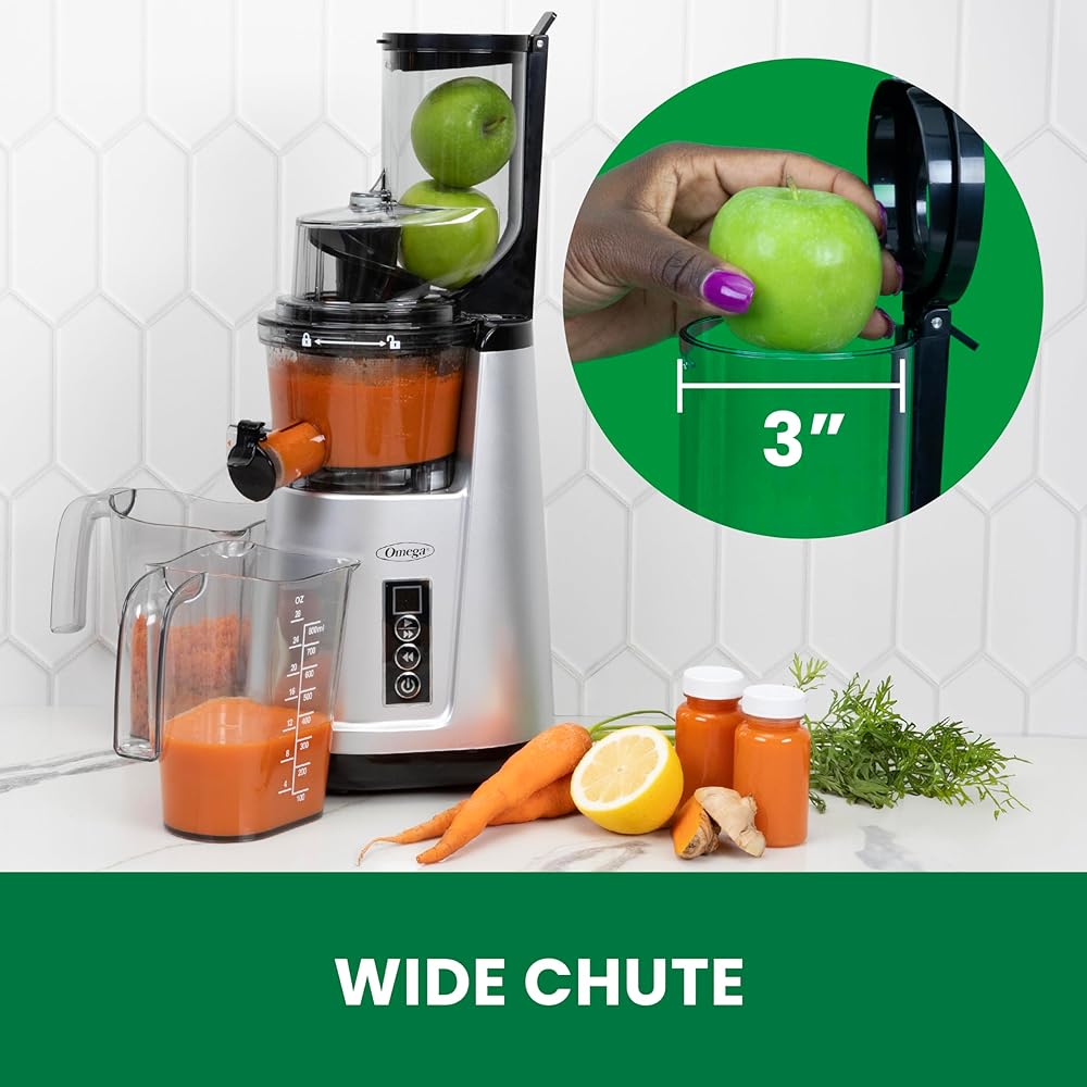 Omega Wide Mouth Juicer Compact Vertical Cold Press Vegetable and Fruit Juice Extractor with 3-Inch Hopper 2-Speed Slow Juicing with Space Saving Design, 120-Watts, Black: Home & Kitchen
