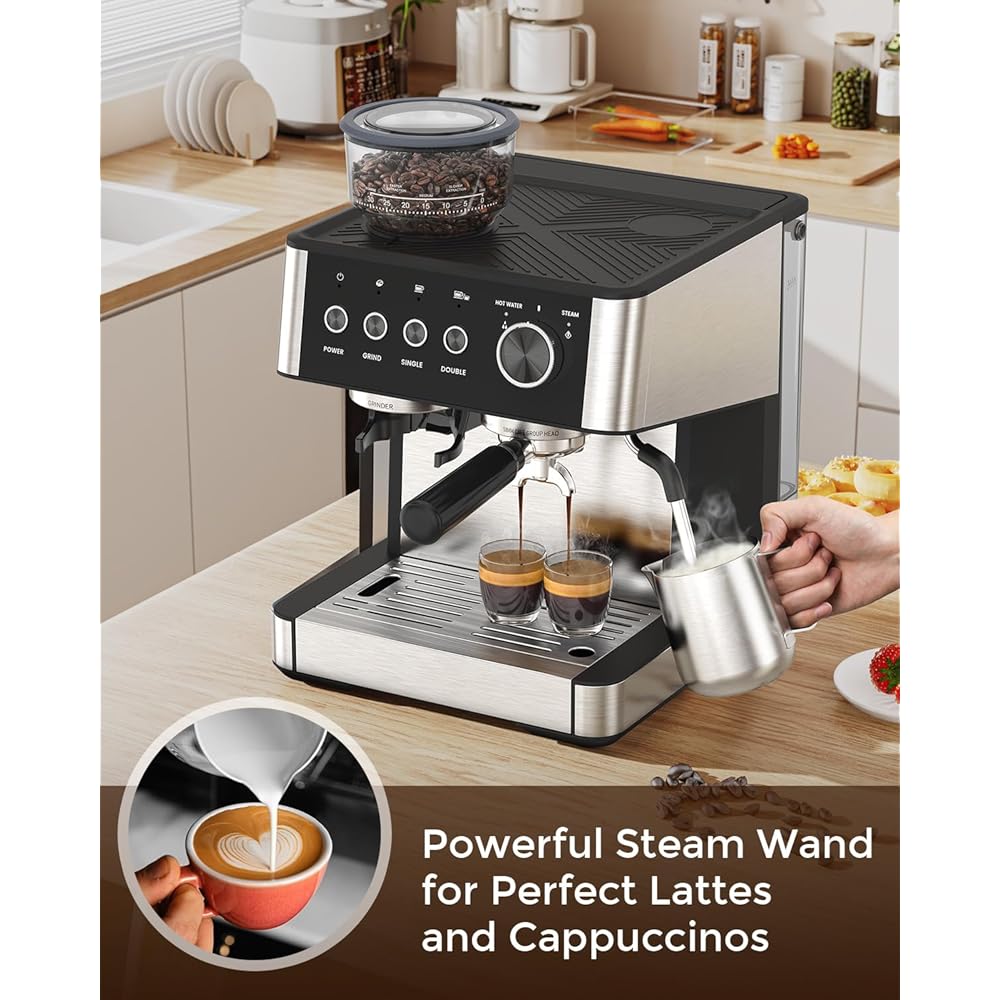 Espresso Machine with Grinder, 20 Bar Expresso Coffee Machines with Milk Frother Steam Wand, Professional Espresso Maker with Removable Water Tank, Cappuccino & Latte Machine for Home