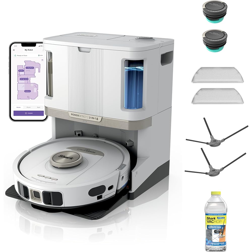 Shark Robot Vacuum & Mop Combo, PowerDetect NeverTouch Pro,Self-Emptying,Self-Refill with Self-Clean Pad Wash & Dry, 60-Day Debris Capacity,30-Day Refill Tank, 5PowerDetect Technologies,White,AV2800ZE