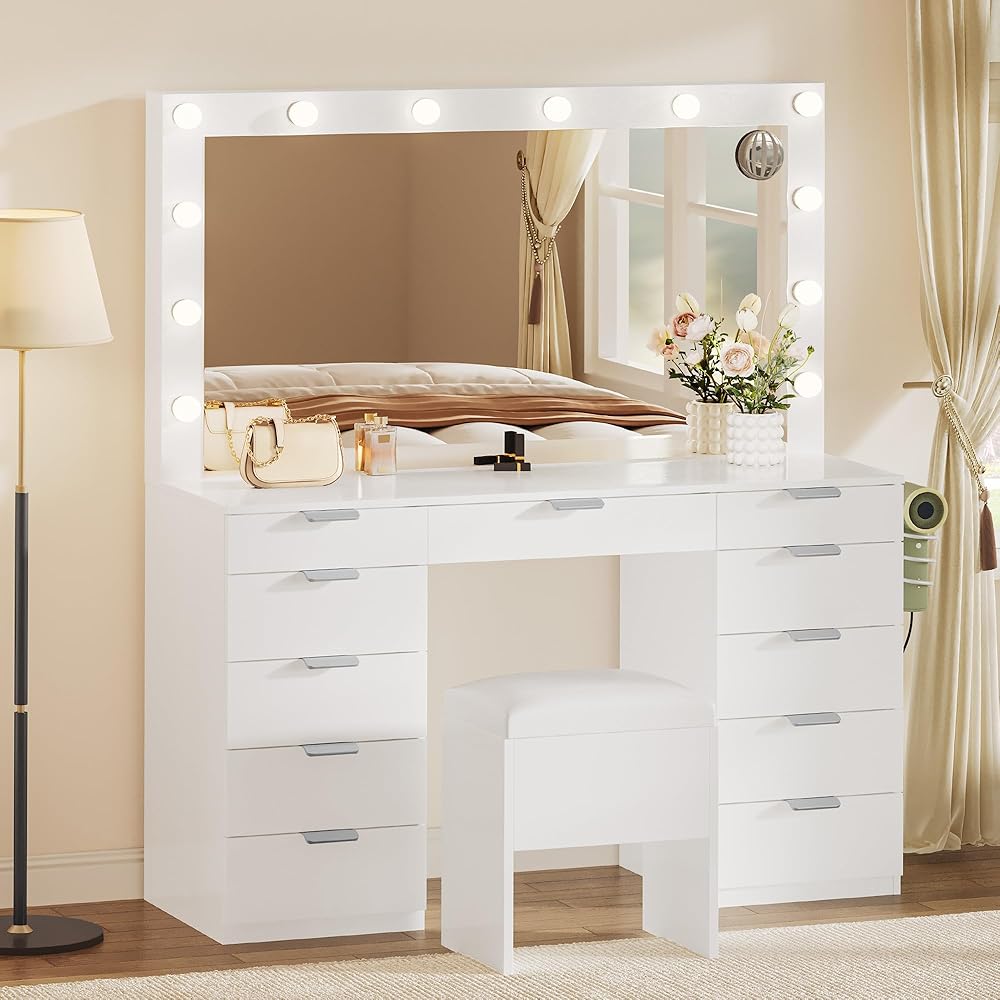 YITAHOME Makeup Vanity Desk with LED Mirror & 3 Brightness Levels, Makeup Table with 11 Drawers, Magnifying Glass, Power Outlets, Hairdryer Holder & Storage Cushion Stool for Dressing Room : Home & Kitchen