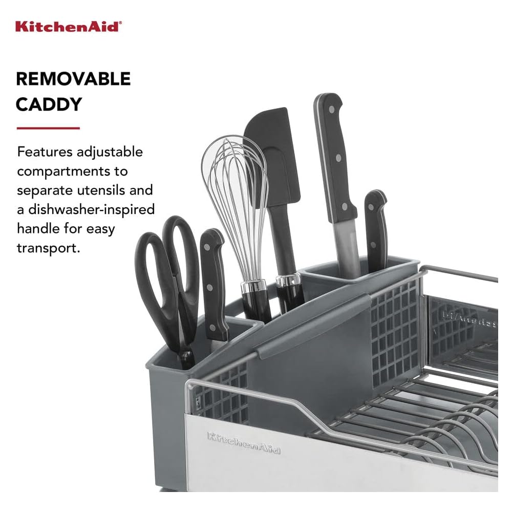 KitchenAid Large Capacity Full Size Rust Resistant Dish Rack with Angled Drain Board and Removable Flatware Caddy, Light Grey: Home & Kitchen