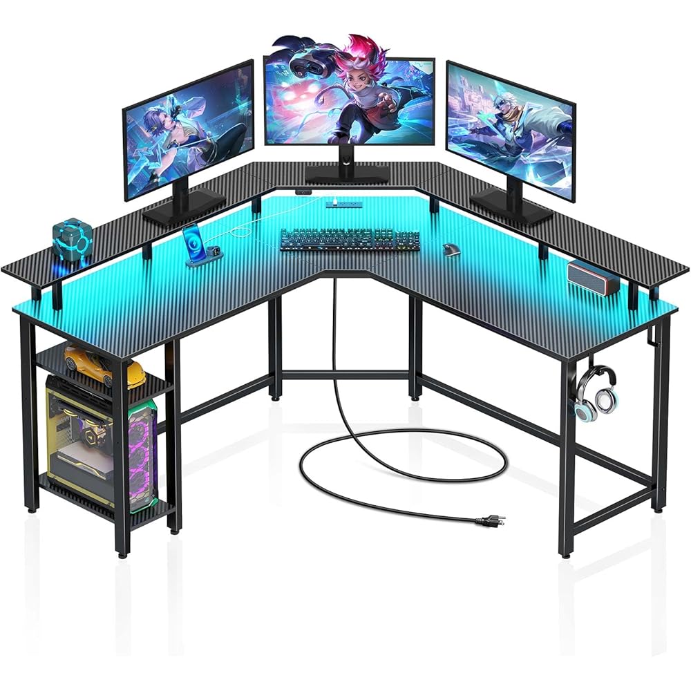 Rolanstar L Shaped Gaming Desk with LED Lights & Power Outlets, 53
